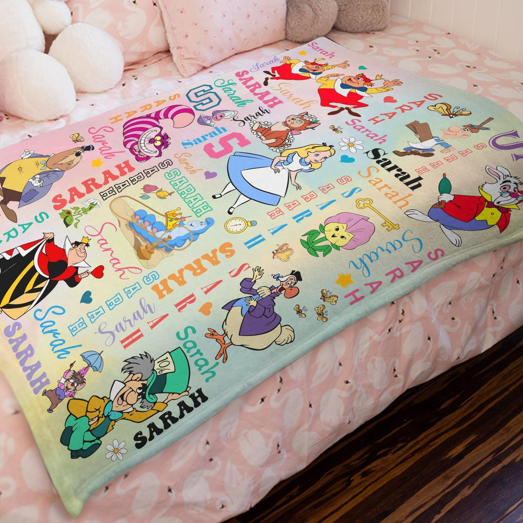 Custom Alice in Wonderland Blanket, Personalized Name Repeat Blanket for Kids Baby Girl Gift, Whimsical Cute Wonderland Decor, Disney Alice