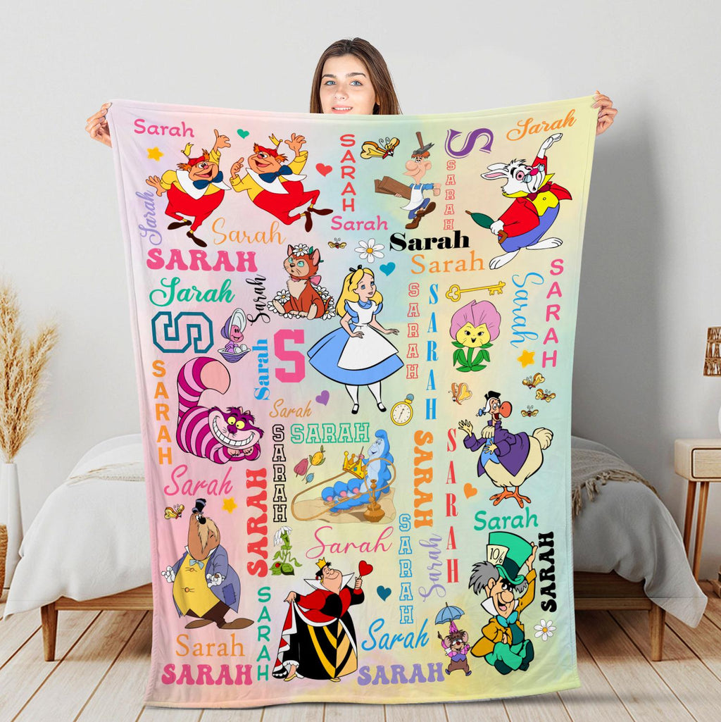 Custom Alice in Wonderland Blanket, Personalized Name Repeat Blanket for Kids Baby Girl Gift, Whimsical Cute Wonderland Decor, Disney Alice
