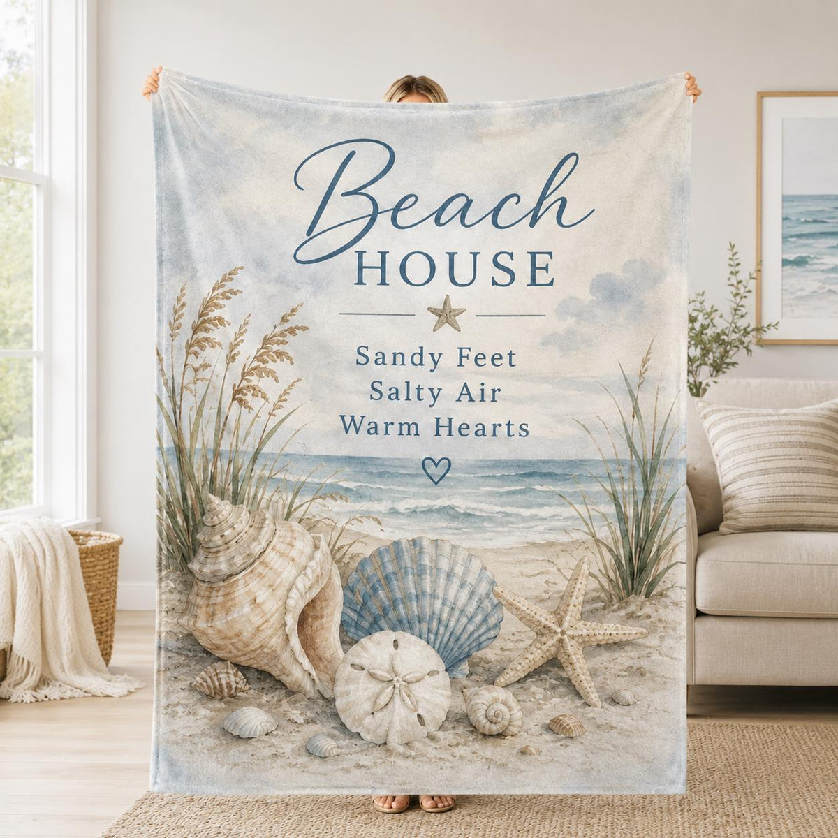 Beach House Blanket, Coastal Throw Blanket, Nautical Beach Decor Blanket, Ocean Seashell Fleece Blanket, Coastal Living Room Decor