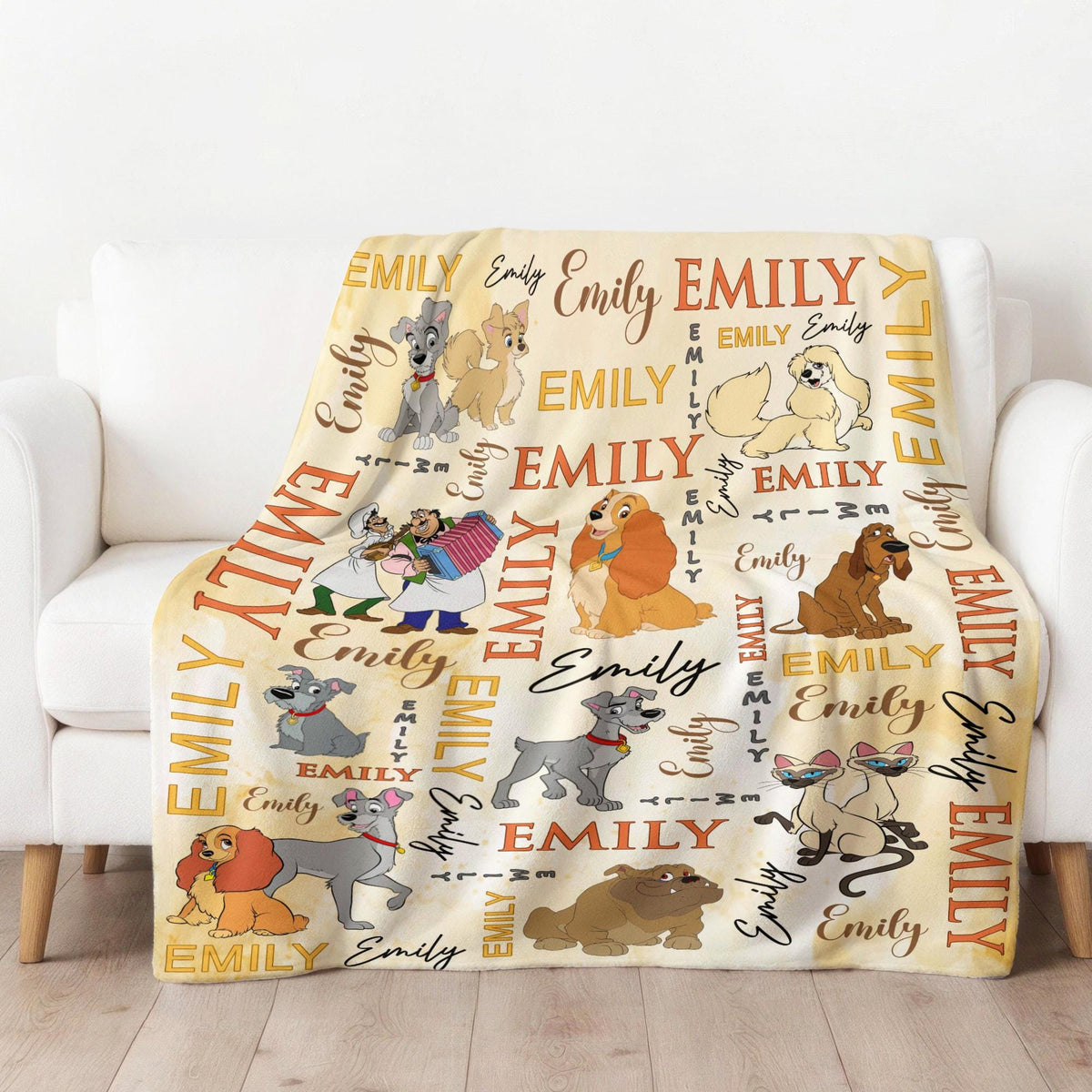 Personalized Lady and the Tramp Blanket, Custom Disney Dog Name Blanket, Baby Girl Throw,Kids Birthday Gift, Nursery Decor,Dog Lover Blanket