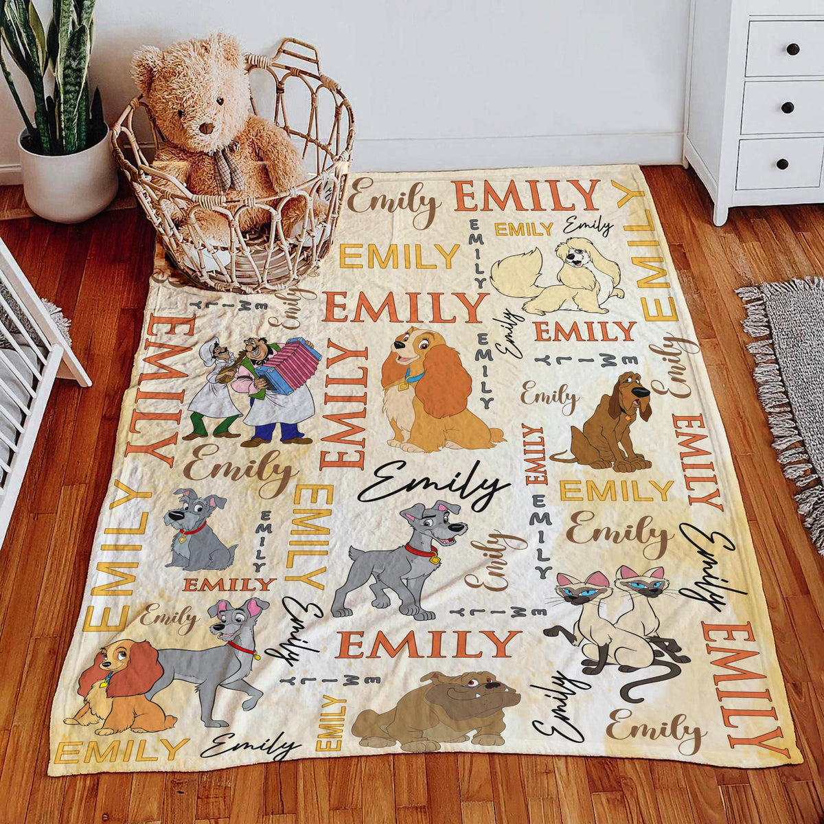 Personalized Lady and the Tramp Blanket, Custom Disney Dog Name Blanket, Baby Girl Throw,Kids Birthday Gift, Nursery Decor,Dog Lover Blanket
