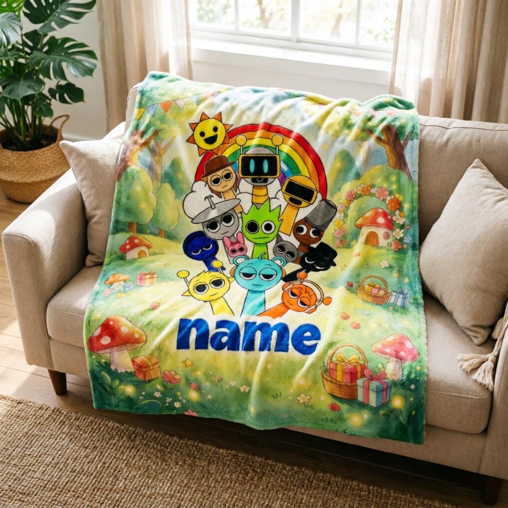Personalized Sprunki Game Fleece Throw Blanket, Custom Name Kids Gift