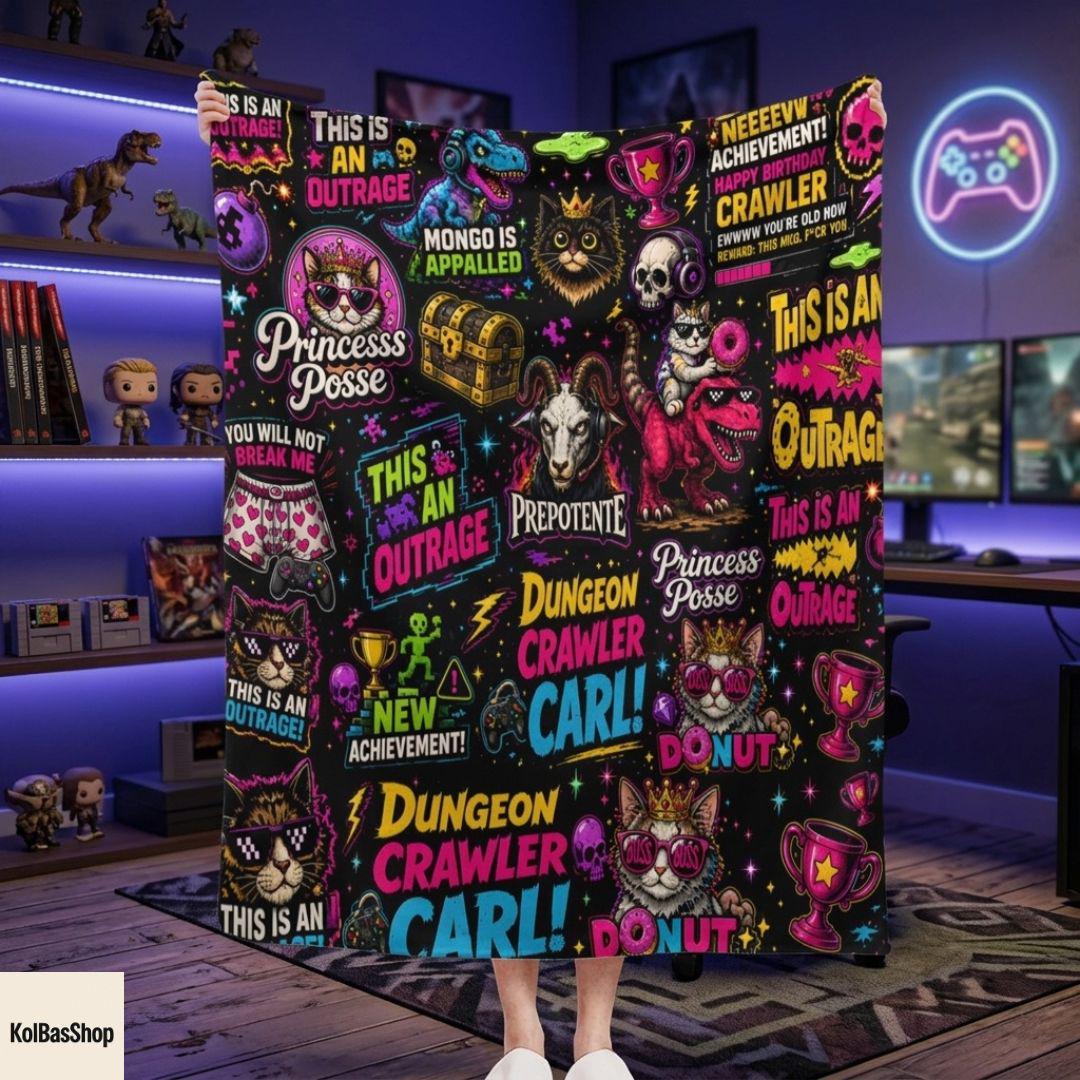Dungeon Crawler Carl Inspired Blanket, Princess Donut Fantasy Throw, Cozy Book Lover Sherpa, LitRPG Fan Gift, Father's Day Gamer Gift