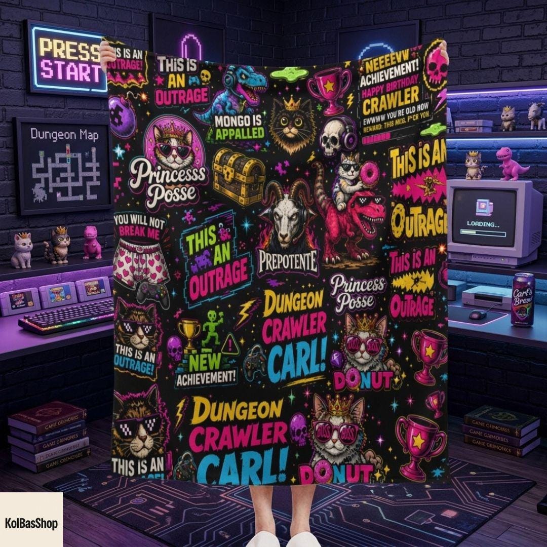 Dungeon Crawler Carl Inspired Blanket, Princess Donut Fantasy Throw, Cozy Book Lover Sherpa, LitRPG Fan Gift, Father's Day Gamer Gift