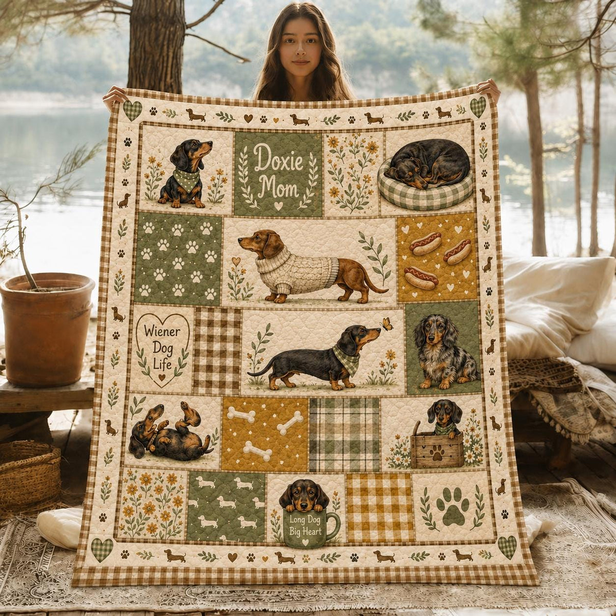 Dachshund Quilt Blanket, Doxie Mom Patchwork Throw, Wiener Dog Life Bedspread