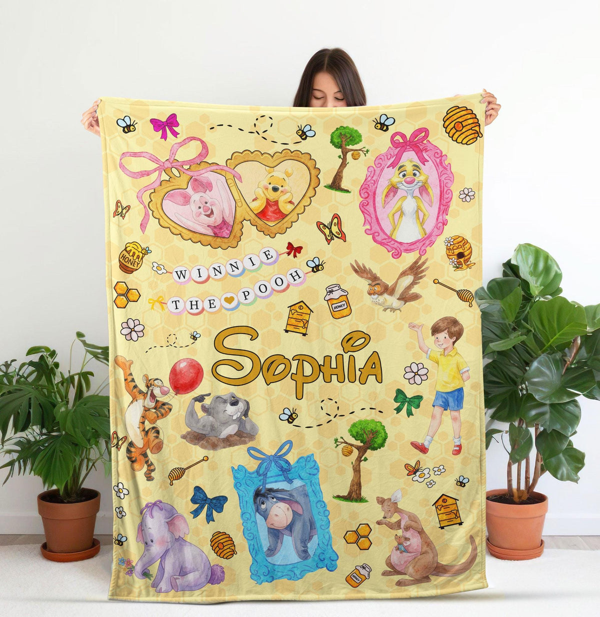 Personalized Winnie the Pooh Blanket, Pooh and Friends Baby Name Blanket, Disney Blanket, Kids Nursery Decor Shower Gift, Baby Blanket