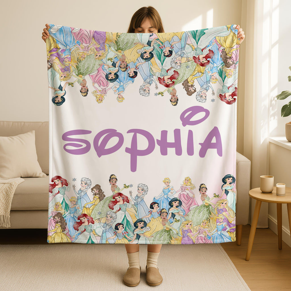 Personalized Disney Princess Cute Woven Fleece Blanket, Custom Name Sherpa Throw, Birthday Gift Blanket, Christmas Travel Blanket Vacation