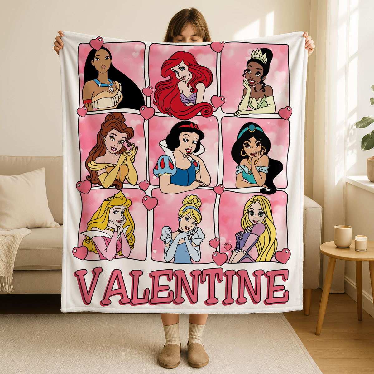 Disney Princess Valentine Blanket, Wife Gift, Girlfriend Gift Ideas, Cinderella Ariel Belle Valentines Day Blanket, Happy Valentine's Day