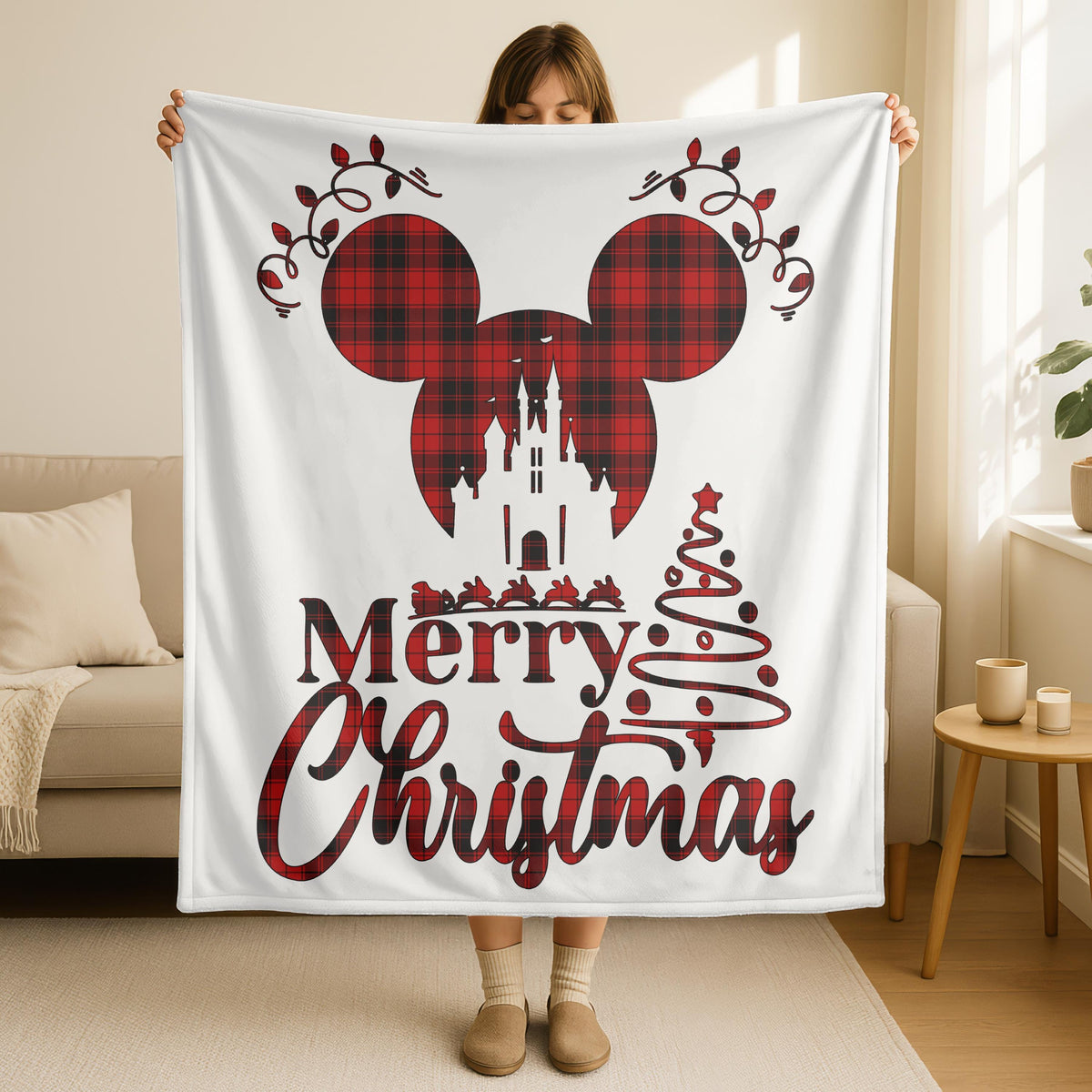 Disney Castle Merry Christmas Blanket, Red Buffalo Plaid Mickey Castle Blanket, Disney Merry Christmas Plush Blanket, Holiday Family Gift