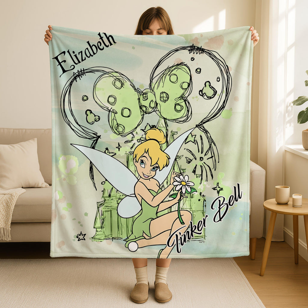Personalized Disney Tinker Bell Blanket, Magic Kingdom Blanket, Personalized Name Blanket, Tinkerbell Birthday Gift,Christmas Blanket Gift