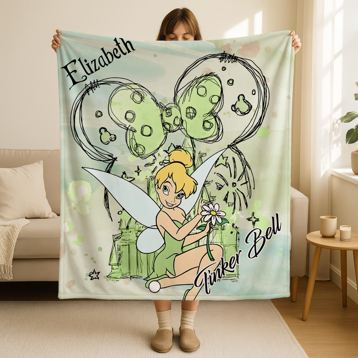 Personalized Disney Tinker Bell Blanket, Magic Kingdom Blanket, Personalized Name Blanket, Tinkerbell Birthday Gift,Christmas Blanket Gift