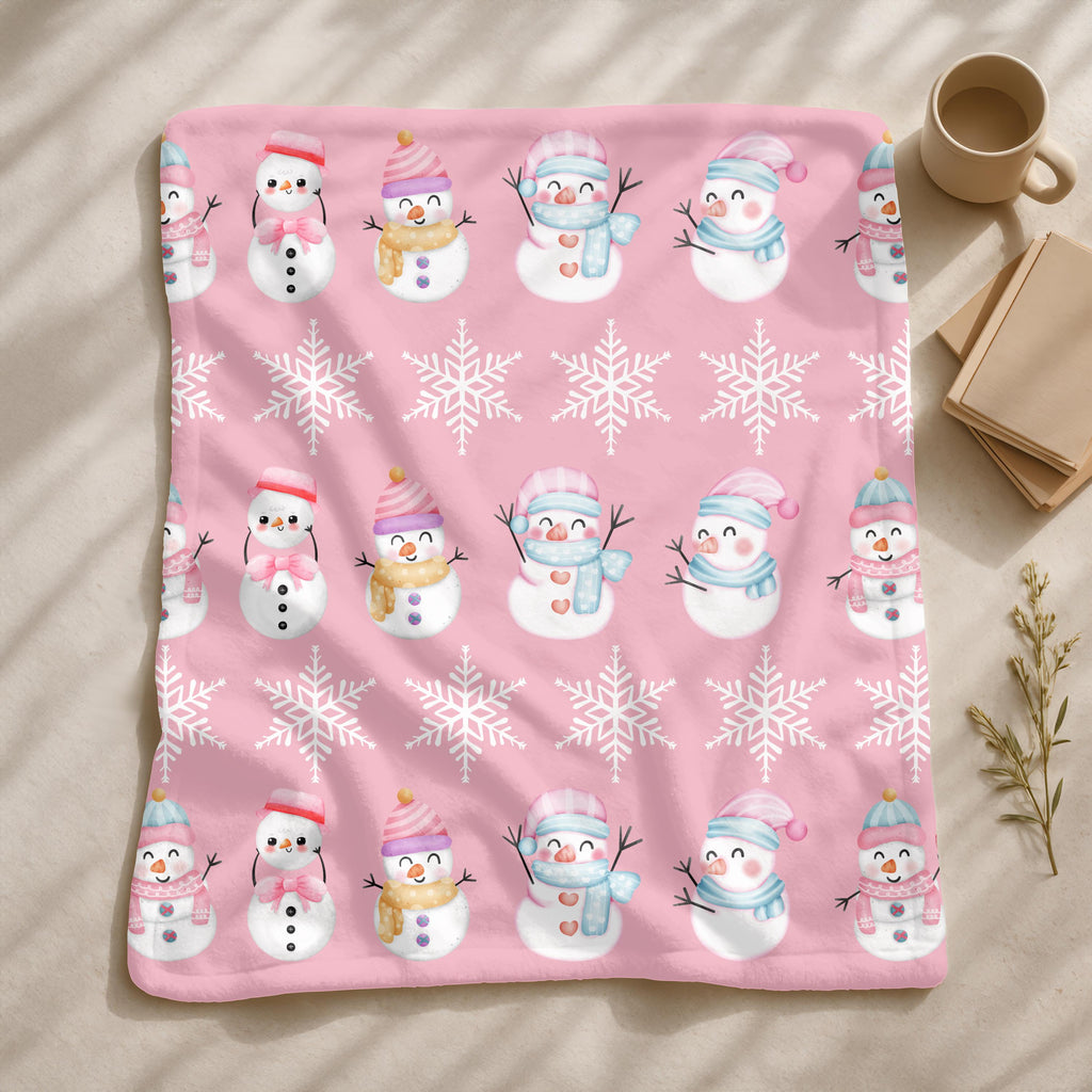 Pink Snowman Blanket, Winter Christmas Indoor Decoration, Snowflakes Great Christmas Gift, Cozy Holiday Gift for Kids, Soft Festive Throw