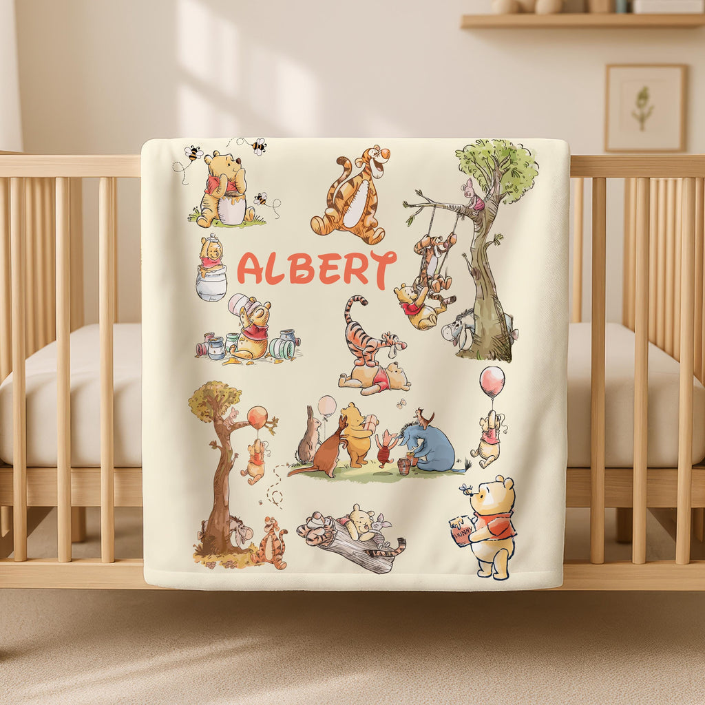 Classic Winnie The Pooh Bear Blanket, Personalized Coquette Bow Pooh&Friends Blanket,Custom Kids Name Gift,Pooh Birthday Blankets,Pooh Bear