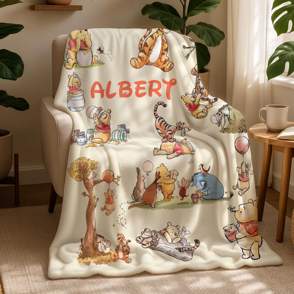 Classic Winnie The Pooh Bear Blanket, Personalized Coquette Bow Pooh&Friends Blanket,Custom Kids Name Gift,Pooh Birthday Blankets,Pooh Bear