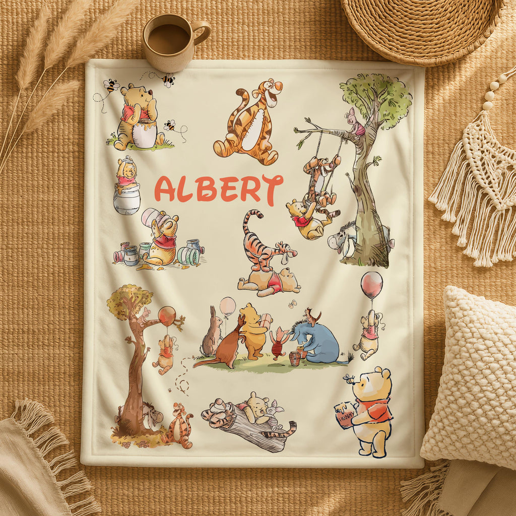 Classic Winnie The Pooh Bear Blanket, Personalized Coquette Bow Pooh&Friends Blanket,Custom Kids Name Gift,Pooh Birthday Blankets,Pooh Bear