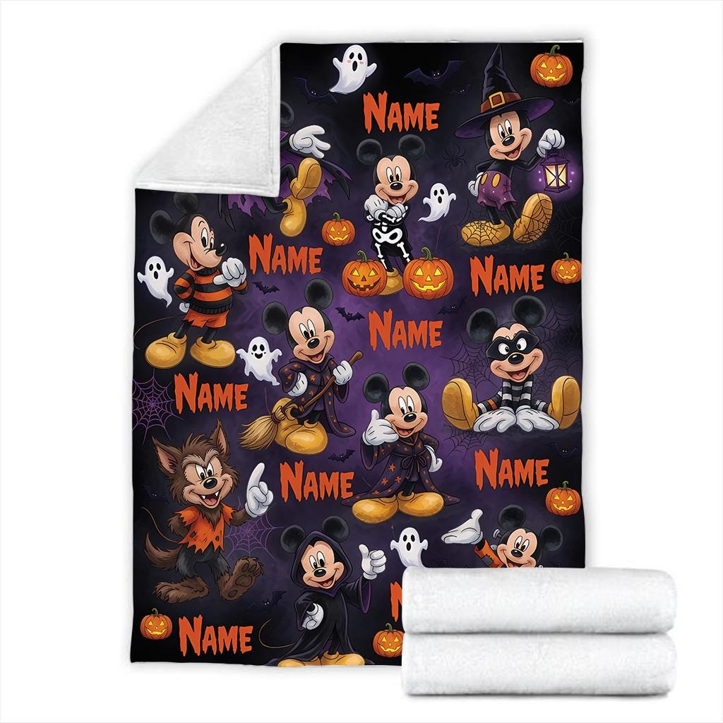 Custom Disney Mickey Halloween Blanket, Personalized Name Mickey Mouse Spooky Blanket, Fleece Ghost Pumpkins Gift for Boy Girl