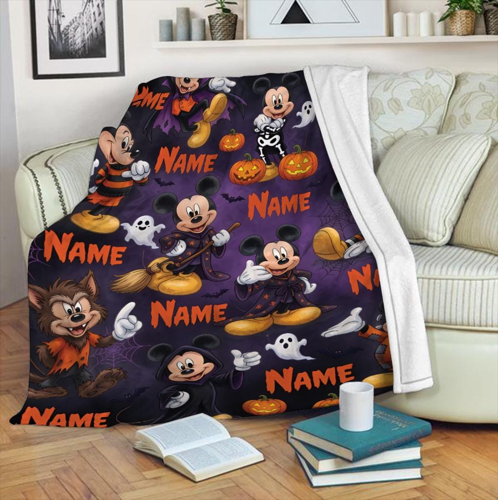 Custom Disney Mickey Halloween Blanket, Personalized Name Mickey Mouse Spooky Blanket, Fleece Ghost Pumpkins Gift for Boy Girl