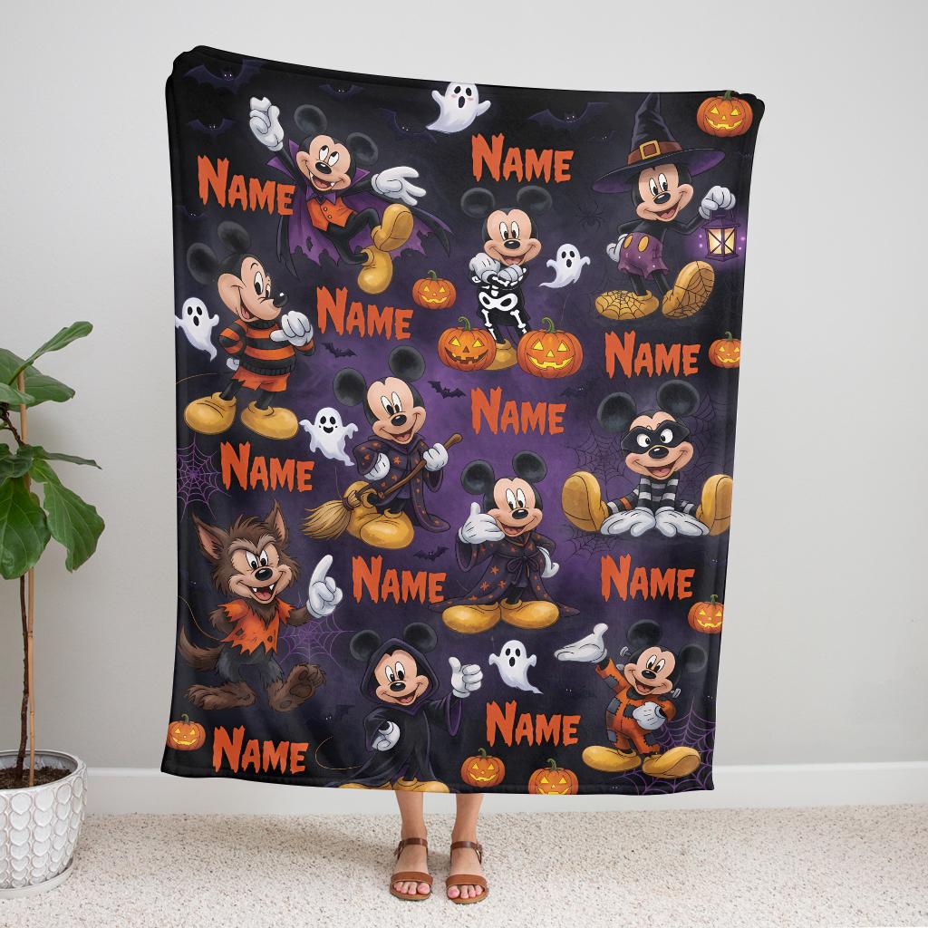 Custom Disney Mickey Halloween Blanket, Personalized Name Mickey Mouse Spooky Blanket, Fleece Ghost Pumpkins Gift for Boy Girl