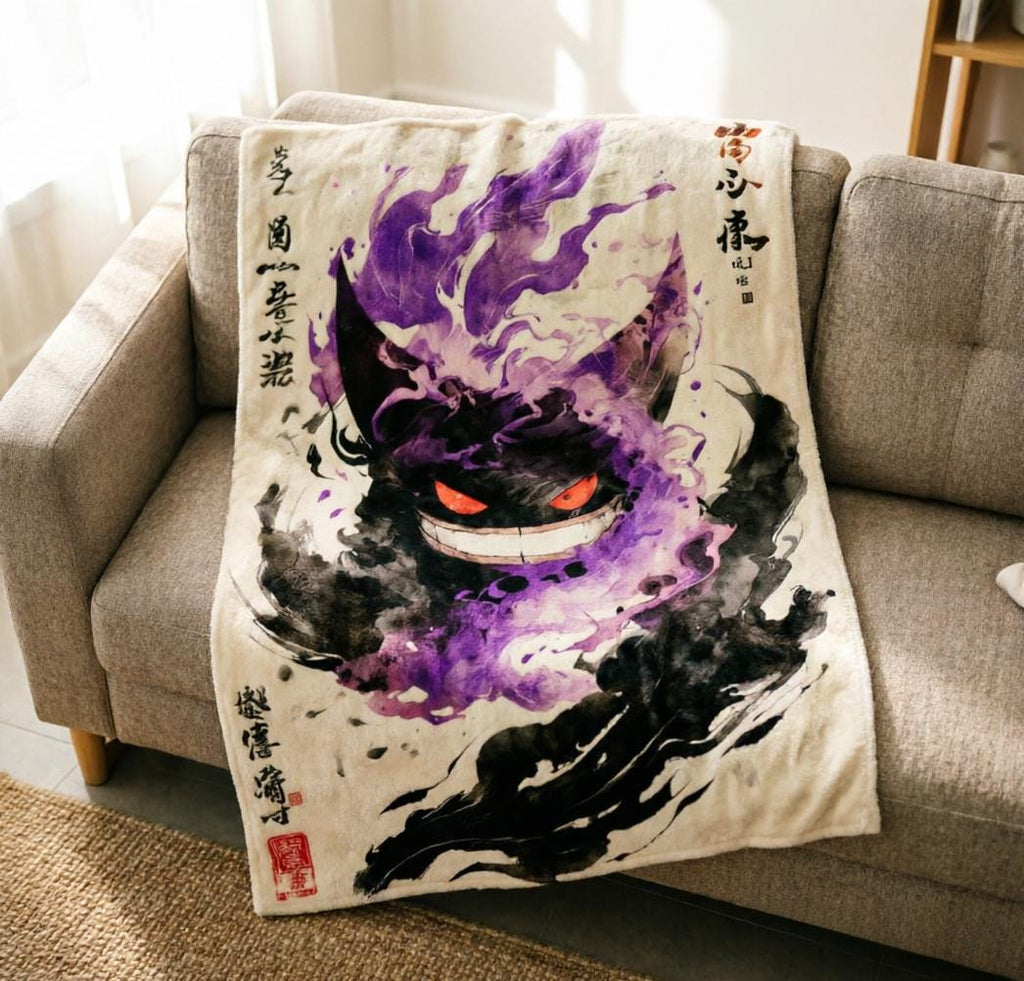 Ink Wash Gengar Blanket Soft Throw, Ukiyo-e Ghost Pokemon Throw, Gaming Bedroom Keepsake Gift