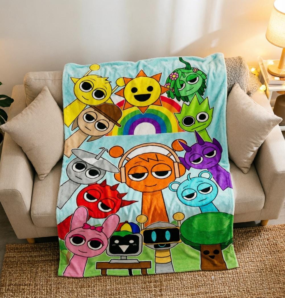 Personalized Sprunki Full Cast Blanket Soft Throw, Custom Name Cartoon Gamer Gift