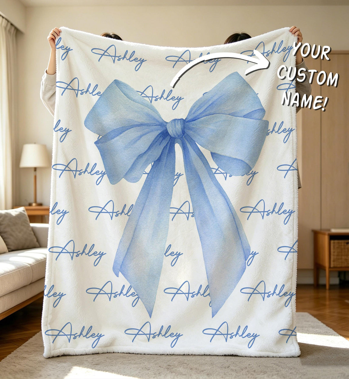 Personalized Coquette Bow Blanket,Flannel Name Throw,Girly Blanket,Balletcore Bedroom Decor,Preppy College Dorm Room Throw,Daughter Present