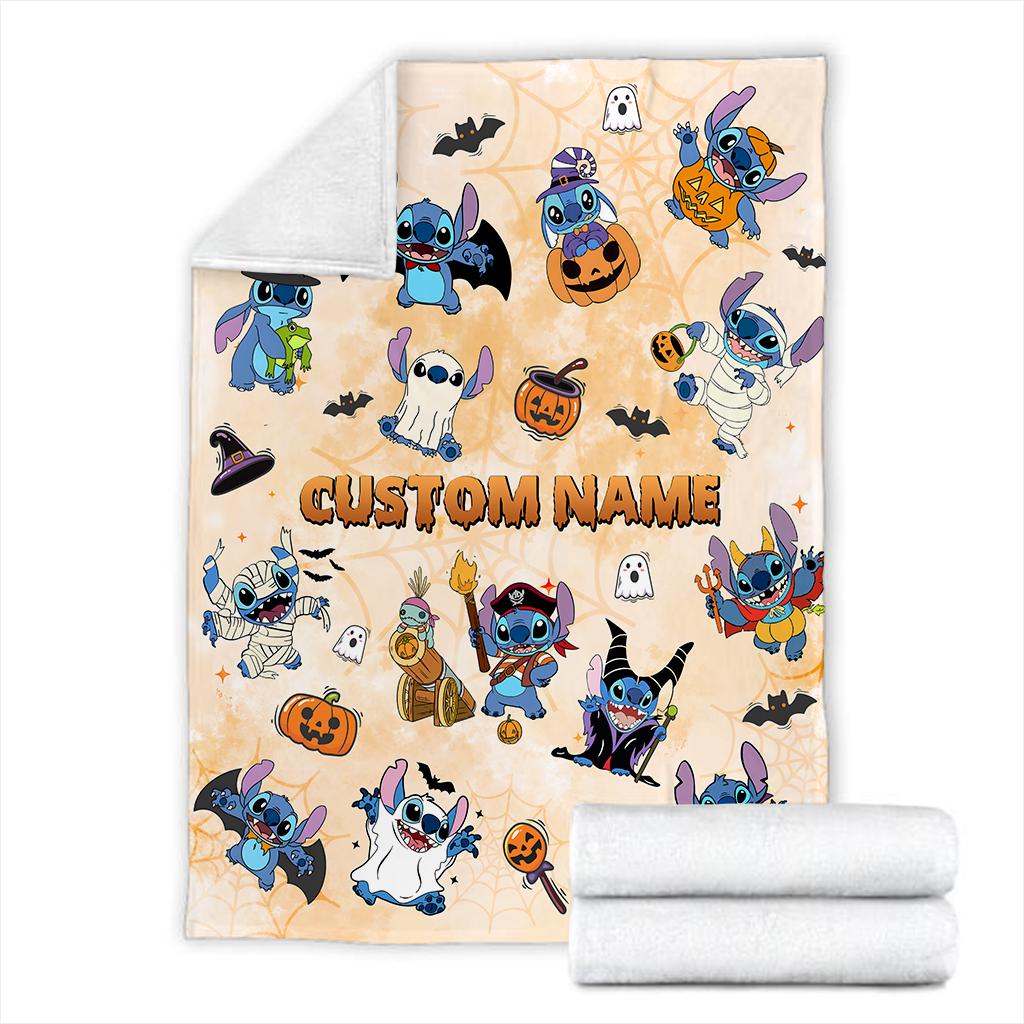 Personalized Name Lilo and Stitch Halloween Fleece Blanket, Disneyland Pumpkin Family Blanket, Birthday Gift Birthday Boy, Cozy Disney Decor