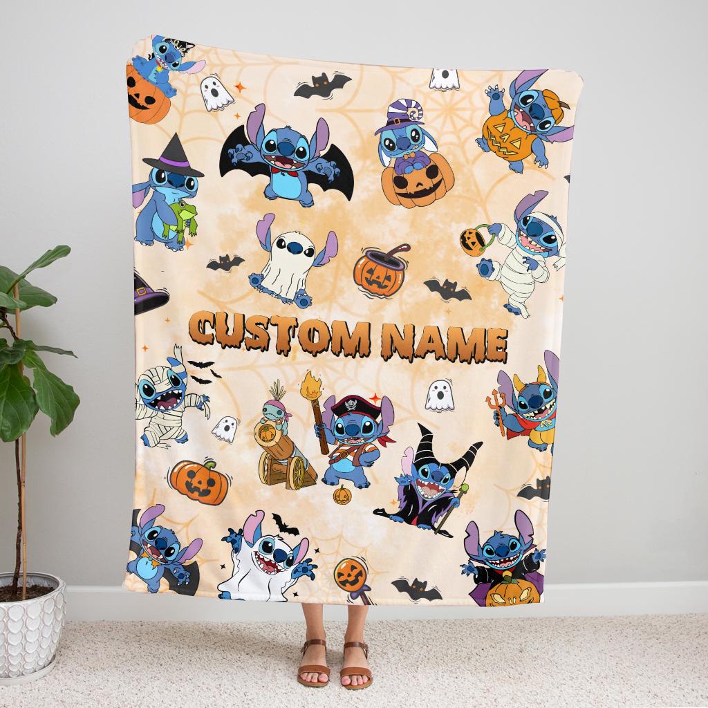 Personalized Name Lilo and Stitch Halloween Fleece Blanket, Disneyland Pumpkin Family Blanket, Birthday Gift Birthday Boy, Cozy Disney Decor