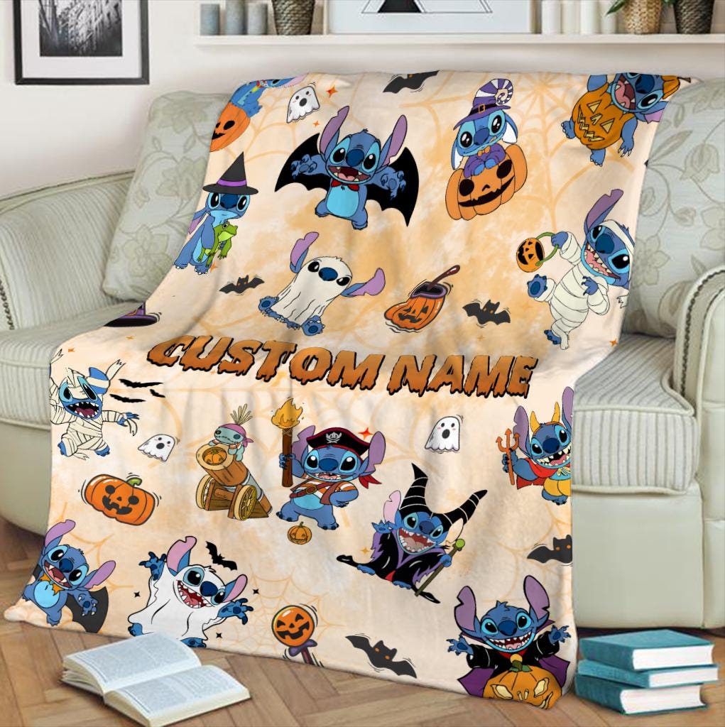 Personalized Name Lilo and Stitch Halloween Fleece Blanket, Disneyland Pumpkin Family Blanket, Birthday Gift Birthday Boy, Cozy Disney Decor