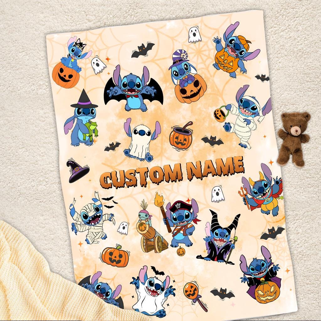 Personalized Name Lilo and Stitch Halloween Fleece Blanket, Disneyland Pumpkin Family Blanket, Birthday Gift Birthday Boy, Cozy Disney Decor