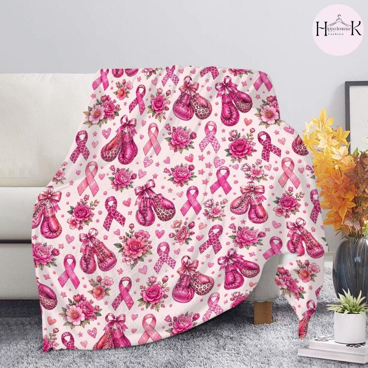 Breast Cancer Awareness Blanket, Pink Ribbon Boxing Gloves Throw Blanket, Cancer Fighter Gift
