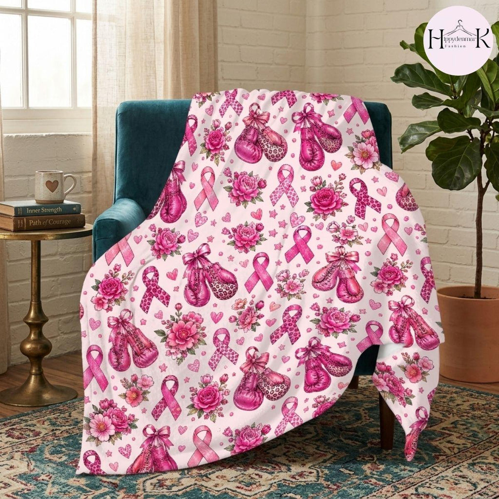 Breast Cancer Awareness Blanket, Pink Ribbon Boxing Gloves Throw Blanket, Cancer Fighter Gift
