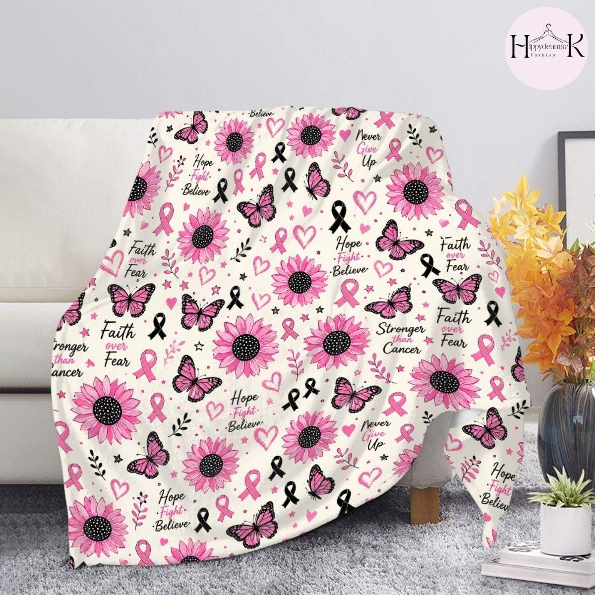 Breast Cancer Awareness Blanket, Pink Ribbon Sunflower Throw Blanket, Faith Over Fear Fleece Blanket