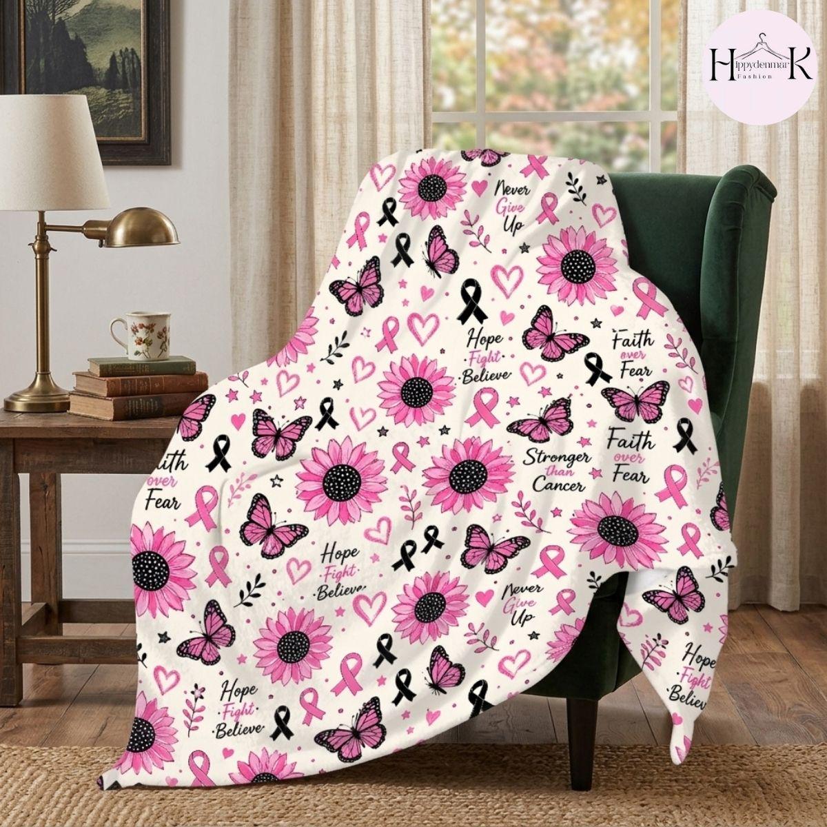 Breast Cancer Awareness Blanket, Pink Ribbon Sunflower Throw Blanket, Faith Over Fear Fleece Blanket
