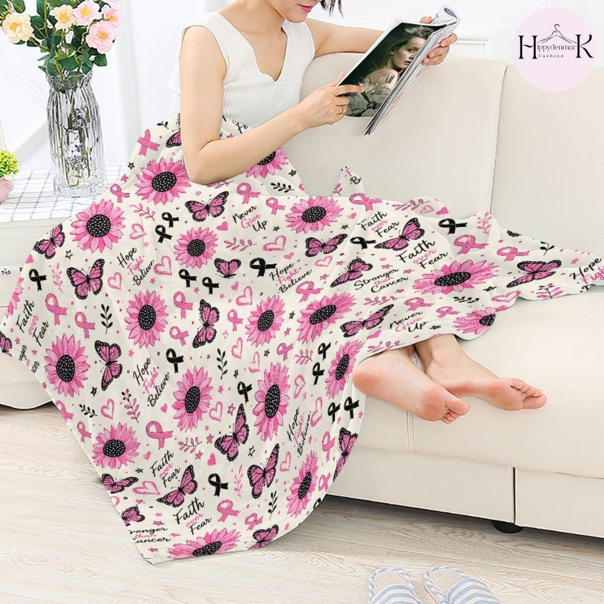 Breast Cancer Awareness Blanket, Pink Ribbon Sunflower Throw Blanket, Faith Over Fear Fleece Blanket