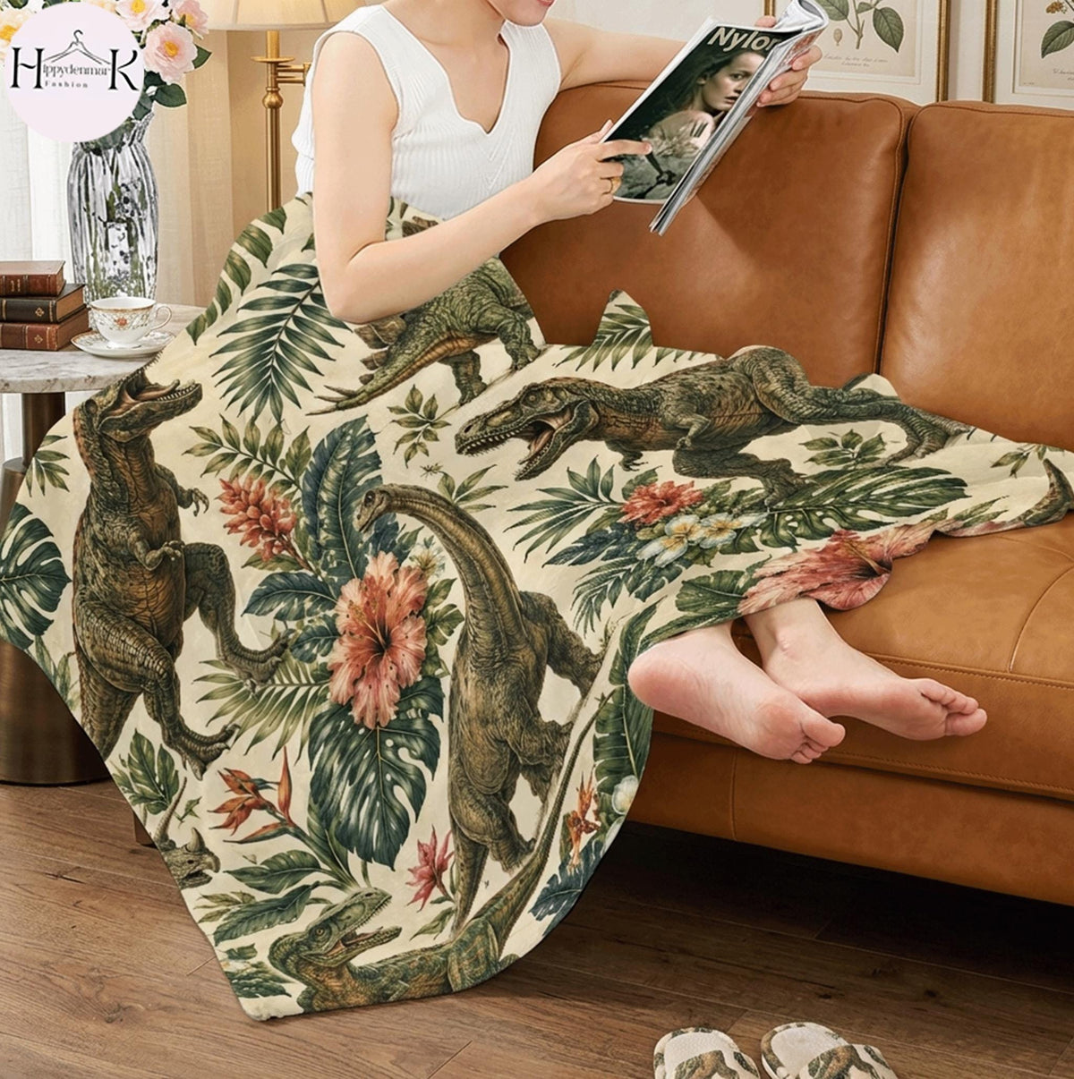 Tropical Dinosaur Blanket, Jurassic Dino Throw Blanket, T-Rex & Stegosaurus Fleece Blanket, Botanical Cozy Home Decor, Dinosaur Lover Gift