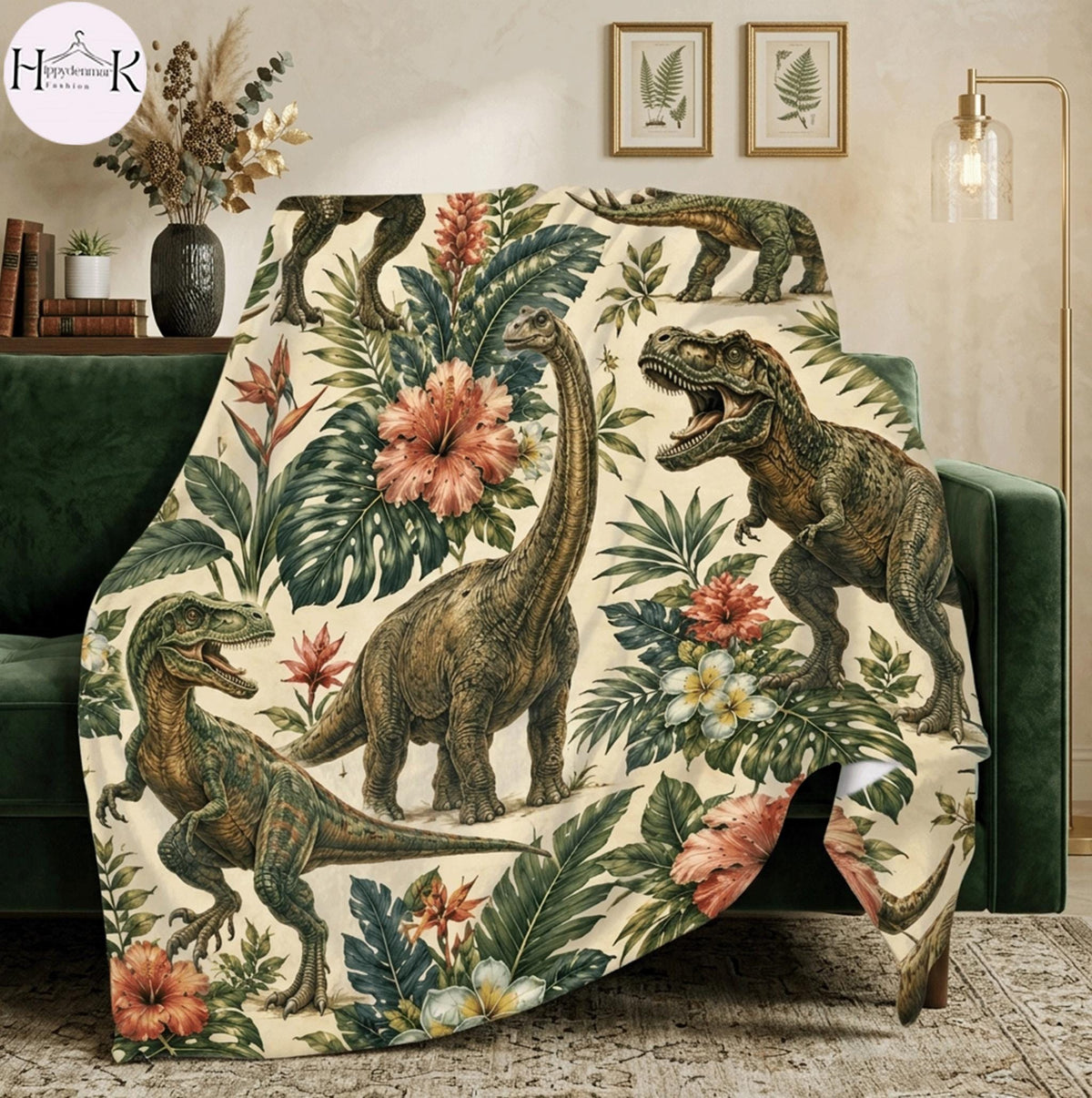 Tropical Dinosaur Blanket, Jurassic Dino Throw Blanket, T-Rex & Stegosaurus Fleece Blanket, Botanical Cozy Home Decor, Dinosaur Lover Gift