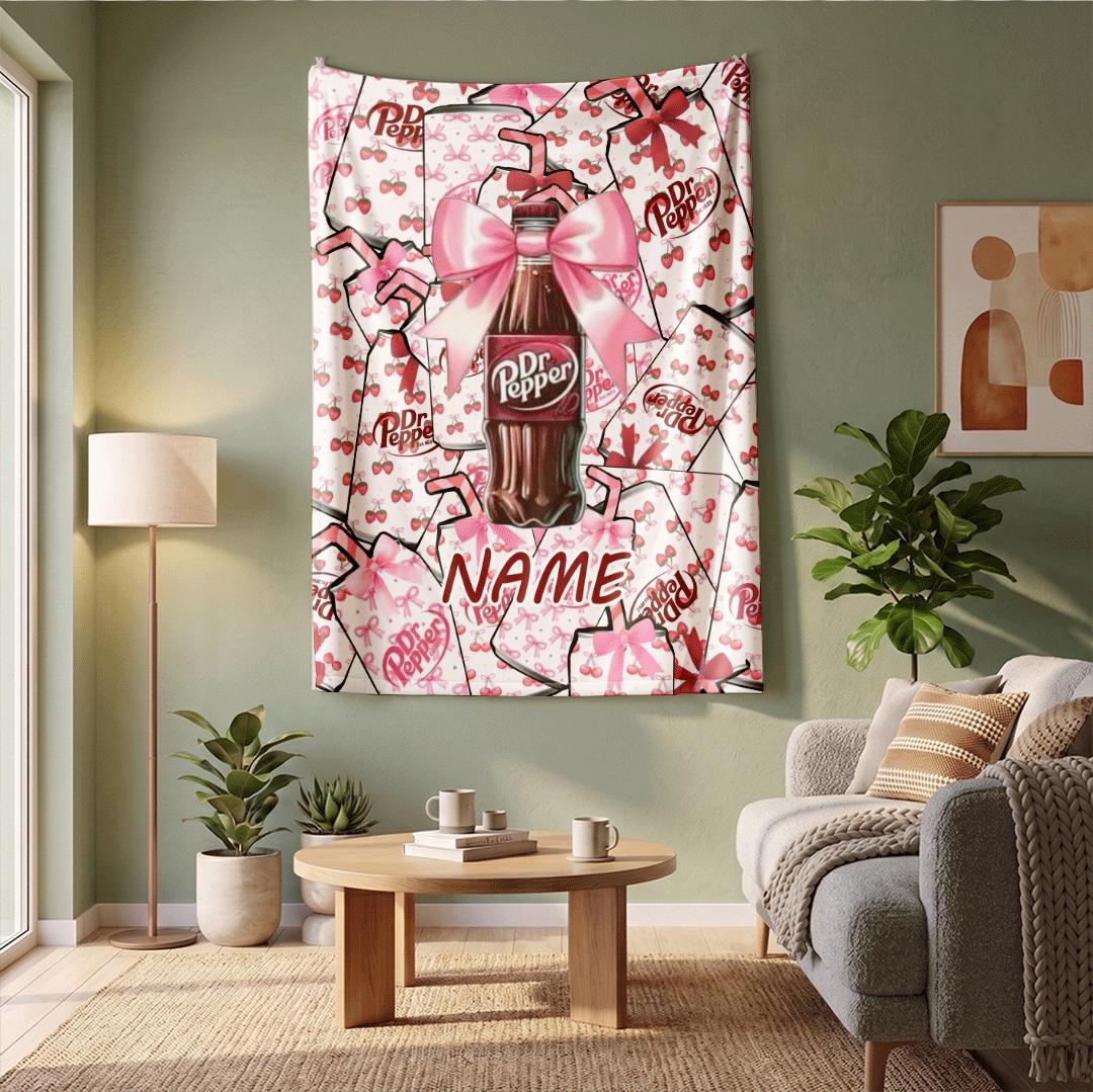 Aesthetic Pink Lace Dr Pepper Custom Blanket Cherries And Shell Throw Soft Coquette Room Bedding Personalized Girly Soda Fan Gift