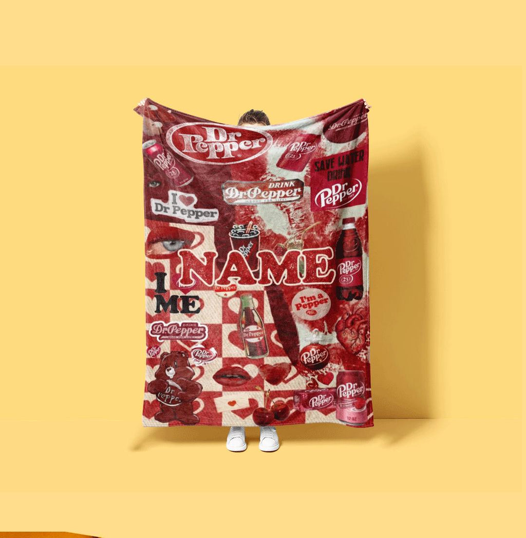 Romantic Red Bow Dr Pepper Blanket Personalized Name Floating Soda Can Throw Valentine Theme Bedding Cute Drink Lover Decor Gift