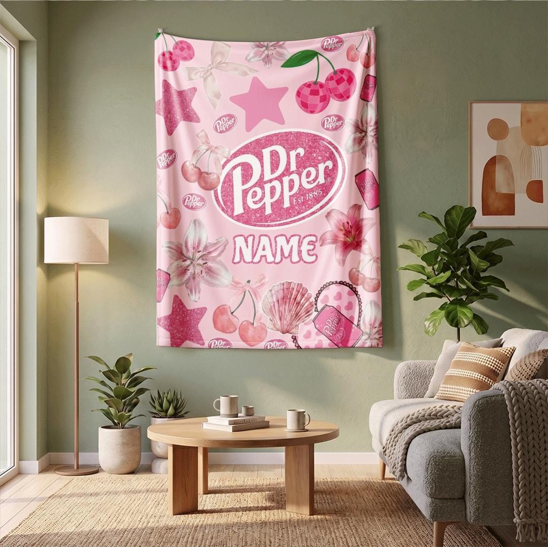 Cute Cherry Ribbon Dr Pepper Blanket Custom Name Pink Coquette Aesthetic Throw Personalized Soda Lover Bedding Y2k Room Decor