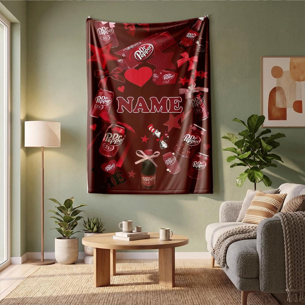 Sparkling Pink Dr Pepper Throw Custom Name Glitter Soda Blanket Cherry Star Aesthetic Bedding Girly Coquette Room Decor Fan Gift