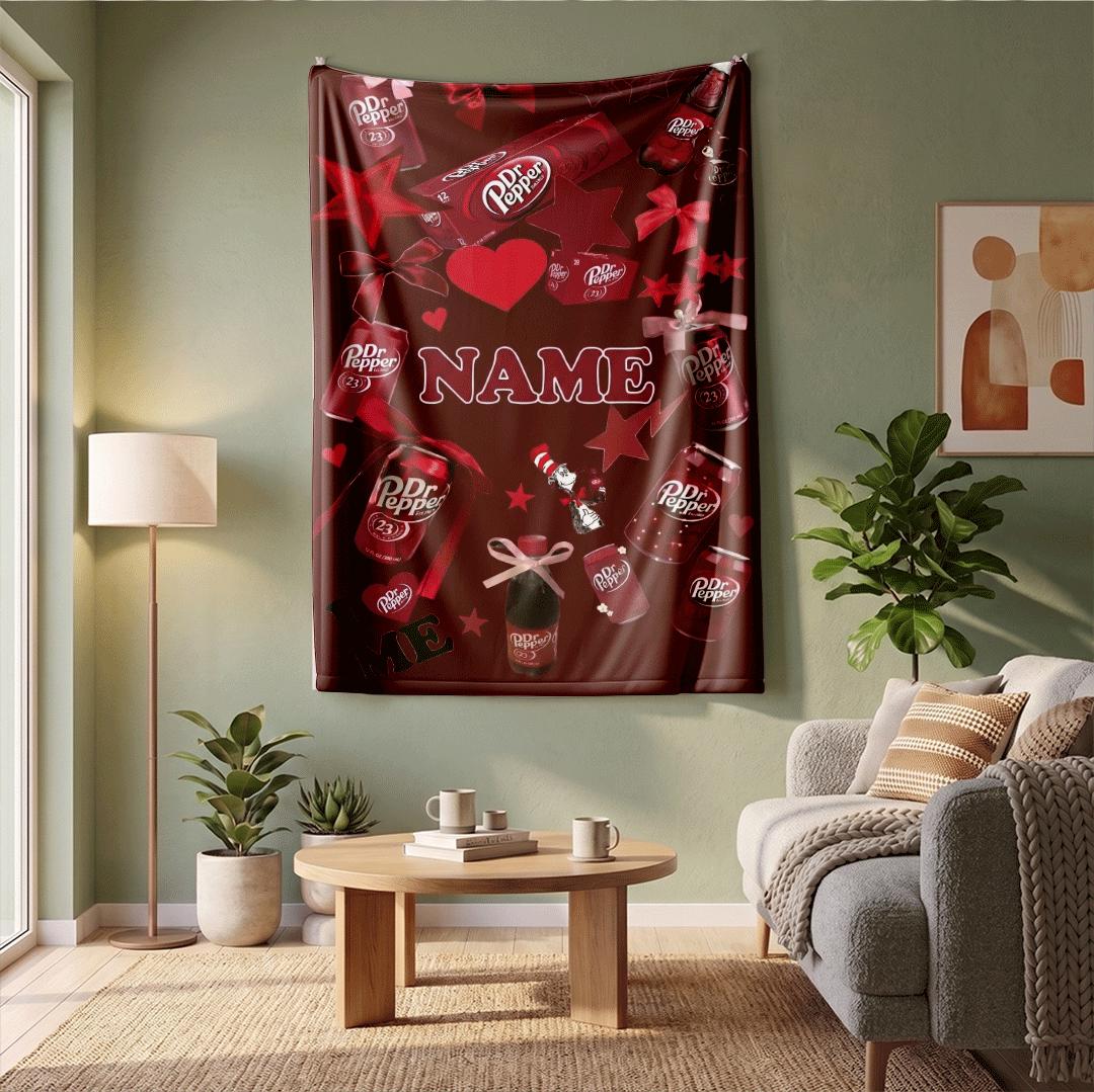 Sparkling Pink Dr Pepper Throw Custom Name Glitter Soda Blanket Cherry Star Aesthetic Bedding Girly Coquette Room Decor Fan Gift