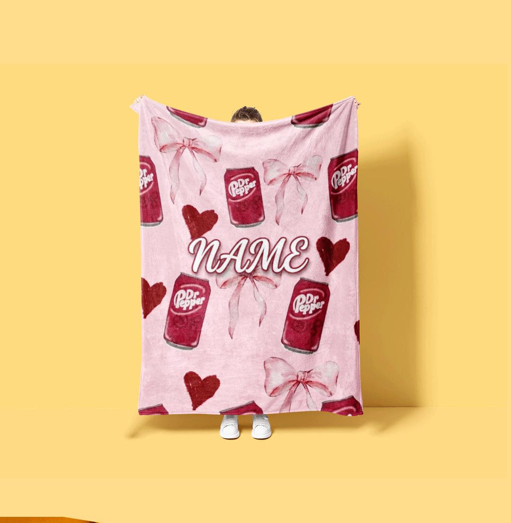Cute Pink Bow Dr Pepper Custom Name Blanket Floating Soda Can Throw Coquette Aesthetic Bedding Girly Drink Fan Room Decor