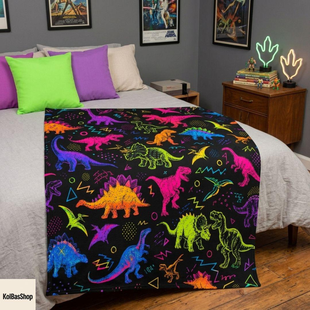 Colorful Dinosaur Blanket, Neon Jurassic Throw Blanket, Prehistoric Dino Pattern Blanket, Kids Bedroom Decor, Dinosaur Gift for Boys