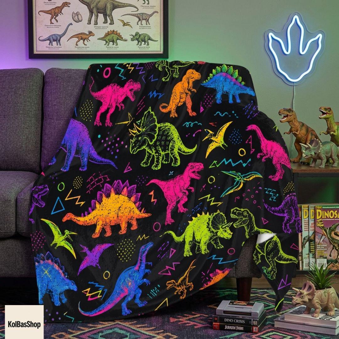 Colorful Dinosaur Blanket, Neon Jurassic Throw Blanket, Prehistoric Dino Pattern Blanket, Kids Bedroom Decor, Dinosaur Gift for Boys