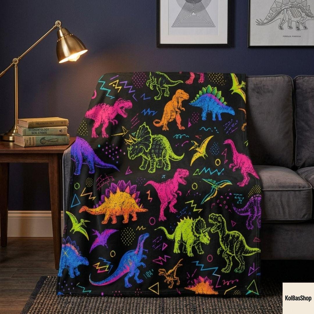 Colorful Dinosaur Blanket, Neon Jurassic Throw Blanket, Prehistoric Dino Pattern Blanket, Kids Bedroom Decor, Dinosaur Gift for Boys