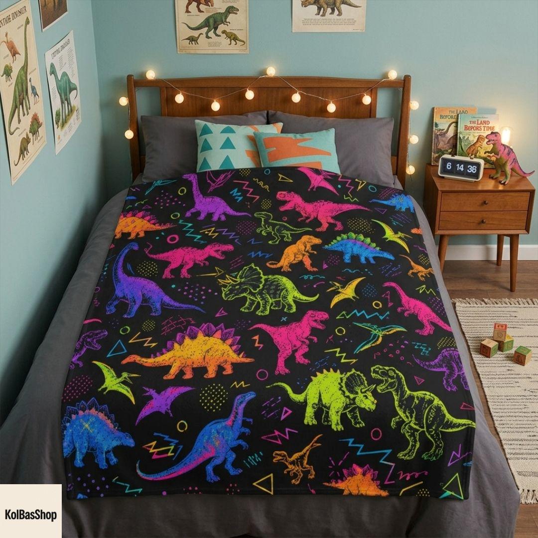 Colorful Dinosaur Blanket, Neon Jurassic Throw Blanket, Prehistoric Dino Pattern Blanket, Kids Bedroom Decor, Dinosaur Gift for Boys