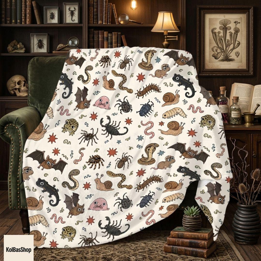 Cute Insect Animal Throw Blanket, Whimsical Bug Pattern Blanket, Gothic Nature Blanket, Snail Bat Snake Blanket, Cottagecore Halloween Decor
