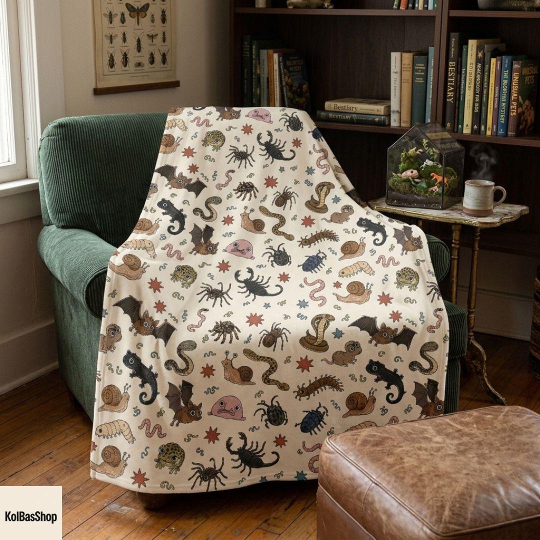Cute Insect Animal Throw Blanket, Whimsical Bug Pattern Blanket, Gothic Nature Blanket, Snail Bat Snake Blanket, Cottagecore Halloween Decor