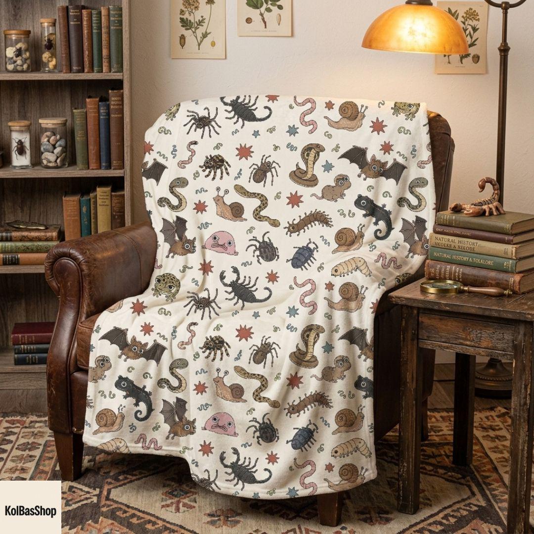 Cute Insect Animal Throw Blanket, Whimsical Bug Pattern Blanket, Gothic Nature Blanket, Snail Bat Snake Blanket, Cottagecore Halloween Decor