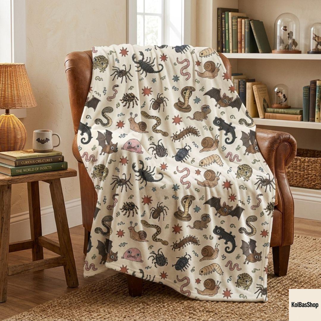 Cute Insect Animal Throw Blanket, Whimsical Bug Pattern Blanket, Gothic Nature Blanket, Snail Bat Snake Blanket, Cottagecore Halloween Decor